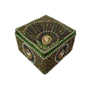 VINTAGE Peacock Feather Glitter Bead Embellished Trinket Keepsake Box Green